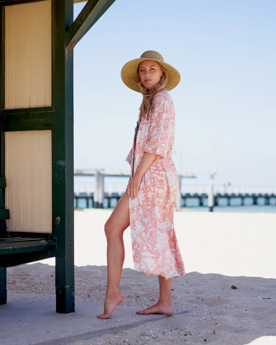 Cotton Kimono Robe - Floral Pinks