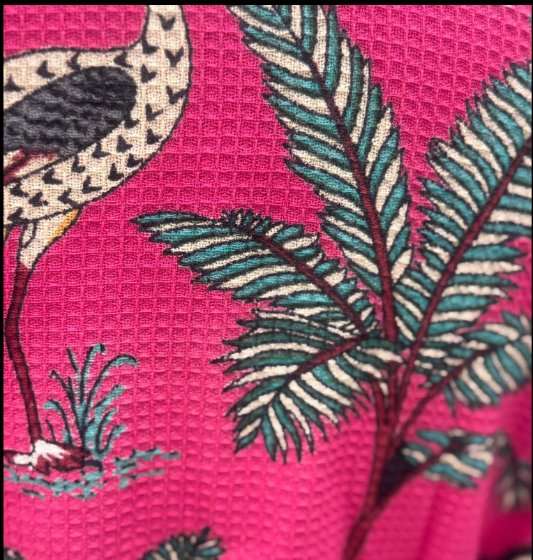 Pink safari kimono robe with textured cotton waffle fabric
