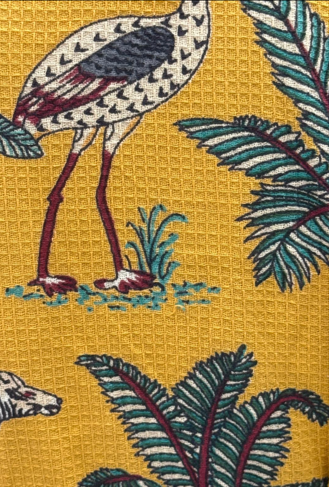 Textured cotton kimono dressing gown in warm mustard yellow