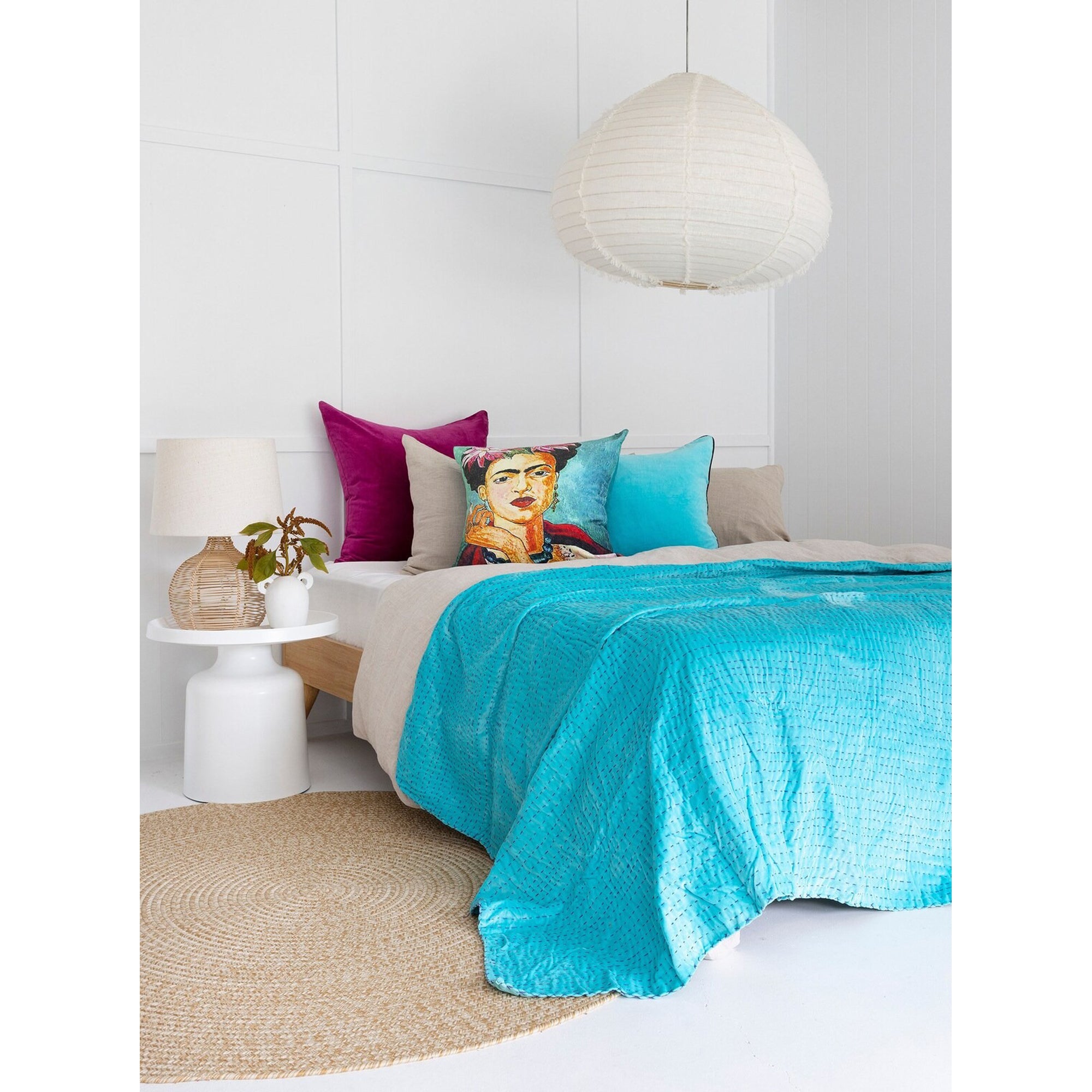 Boho Cotton Velvet Kantha Bedspread Throw Quilt Handmade Gift-TURQUOISE