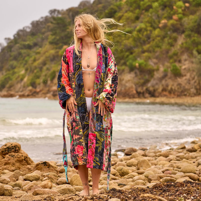 Velvet Bloom Kimono Robe - Boho Luxe Floral Wrap for Endless Wanderlust