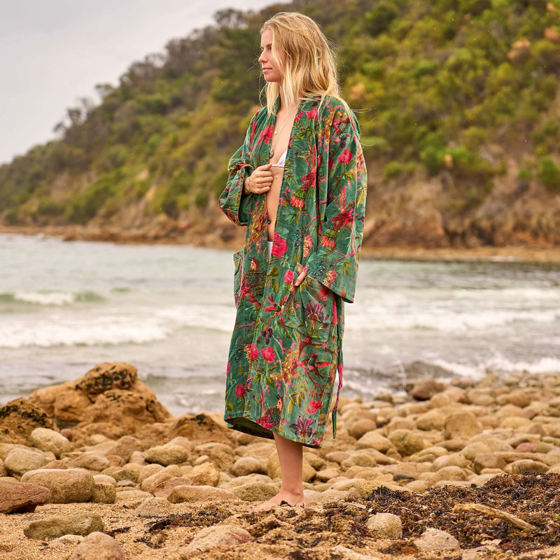 Lush Bohemian Floral Velvet Robe - Chic Oasis Wear