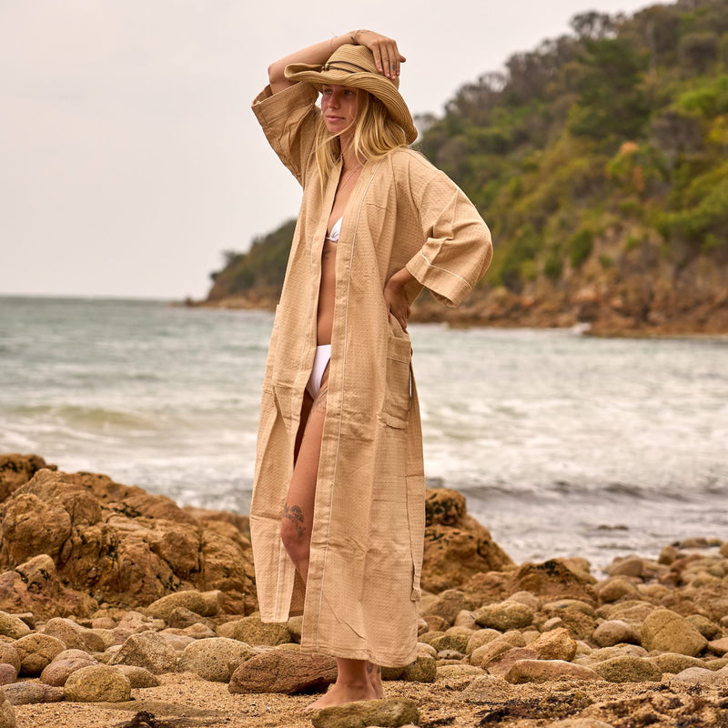 Sand Luxe Waffle Cotton Kimono Robe