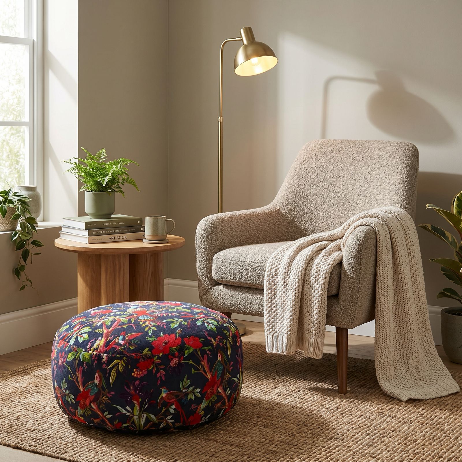 Decorative bird and floral ottoman pouf for living room