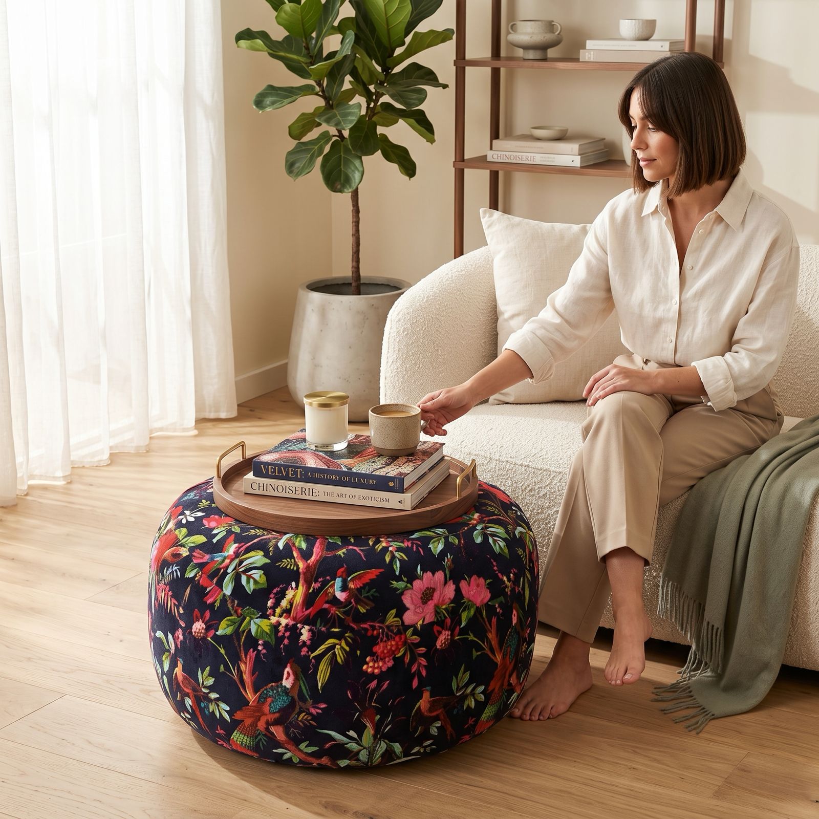 Bird and floral boho floor pouf decorative ottoman cushion