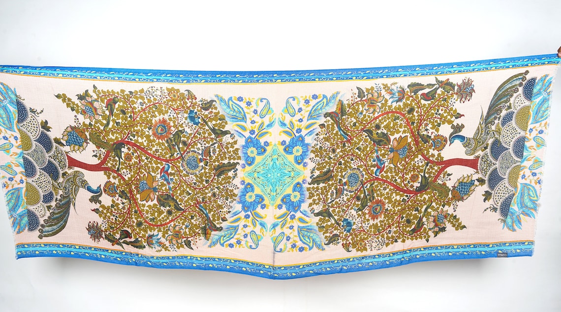 Silk Modal Scarf, long all season scarf in luxurious fabric blend, shawl and wrap, accessories for women, gifts for her, summer scarf, shawl - Cream/Blue