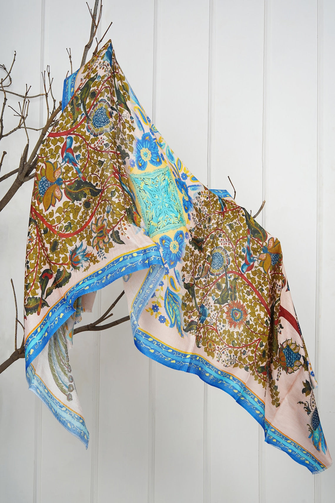 Silk Modal Scarf, long all season scarf in luxurious fabric blend, shawl and wrap, accessories for women, gifts for her, summer scarf, shawl - Cream/Blue