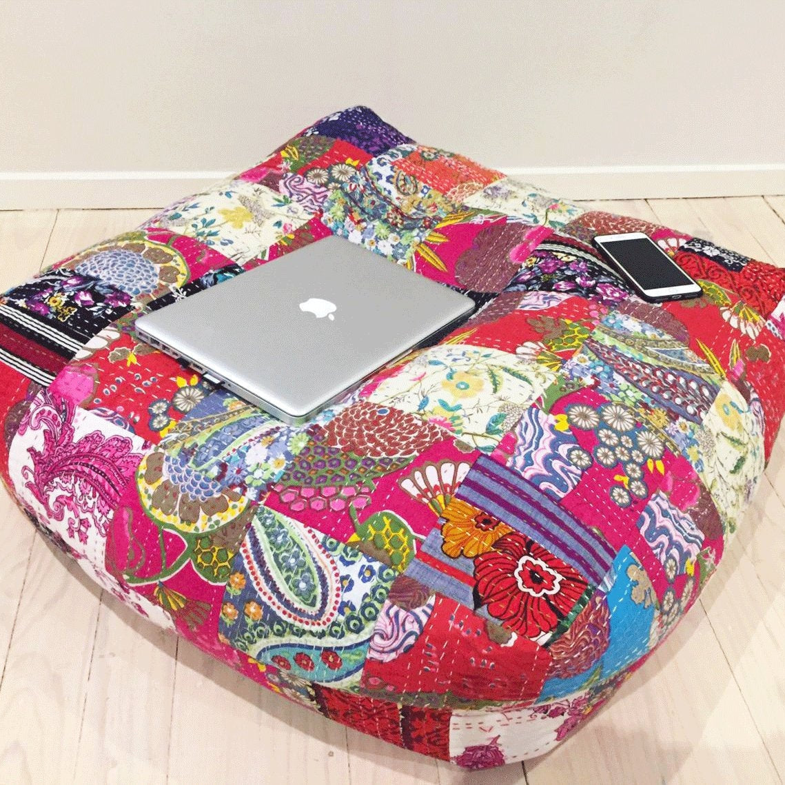 Handmade Kantha ottoman cushion cover with colourful patchwork design