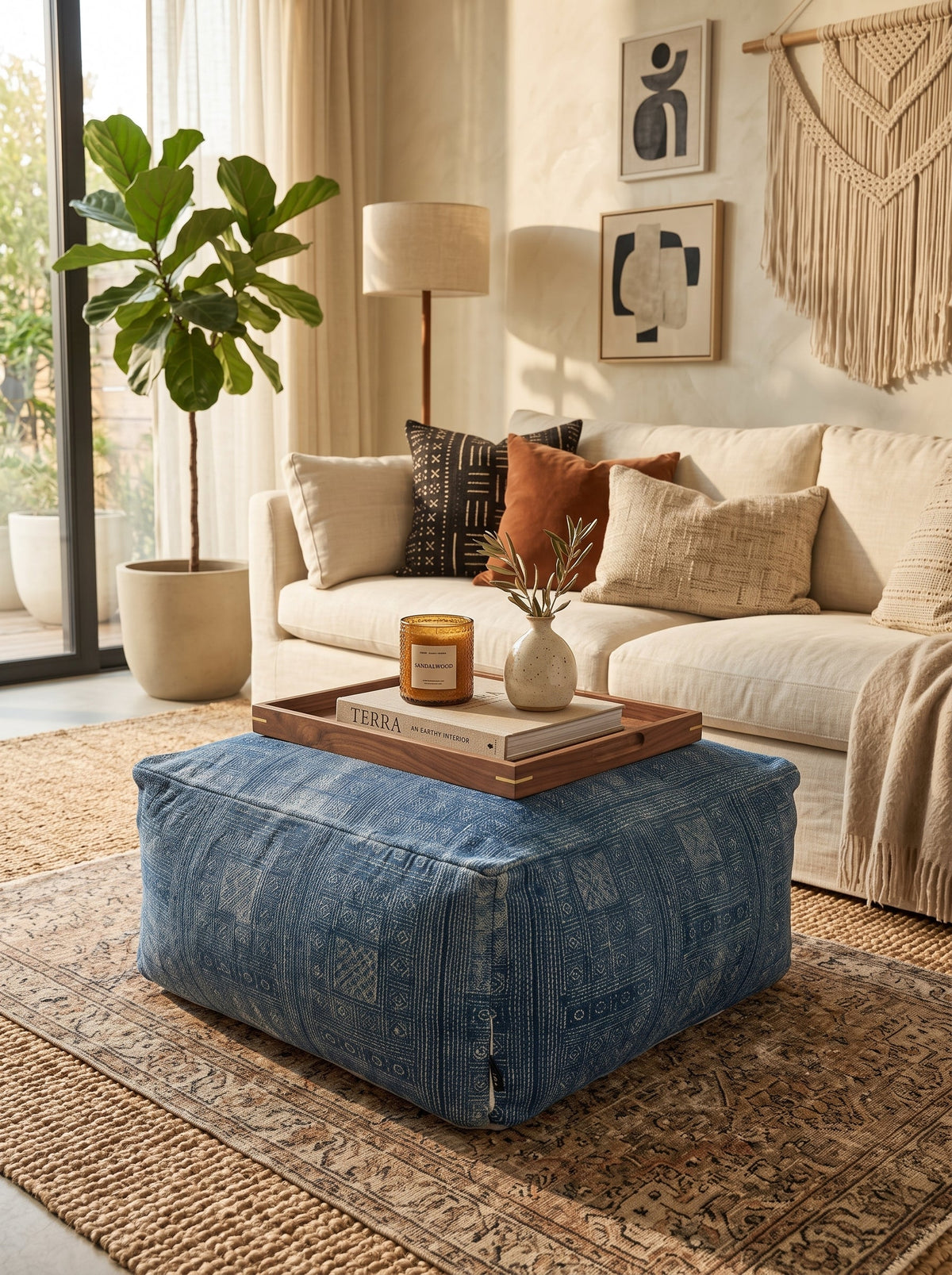 Decorative blue patterned handwoven floor pouf ottoman for living room and bedroom