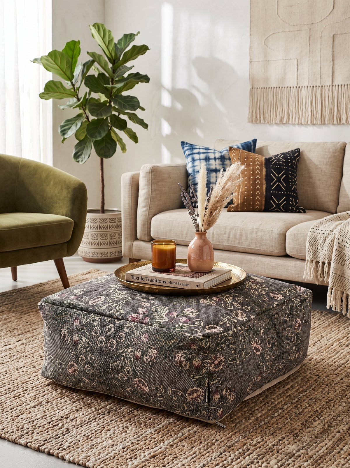 Handwoven charcoal floral ottoman cushion with Moroccan boho inspired decorative pattern