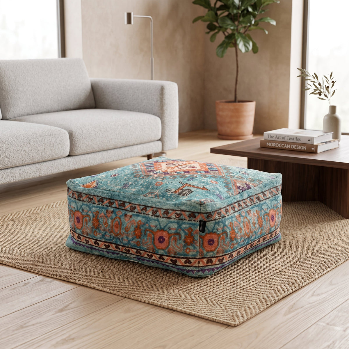 Flat top teal linen ottoman cushion with concealed storage for living room decor