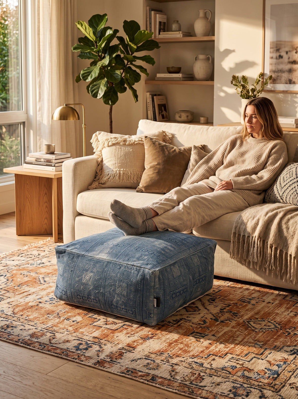 Blue geometric handwoven cushion ottoman pouf designed for comfortable floor seating
