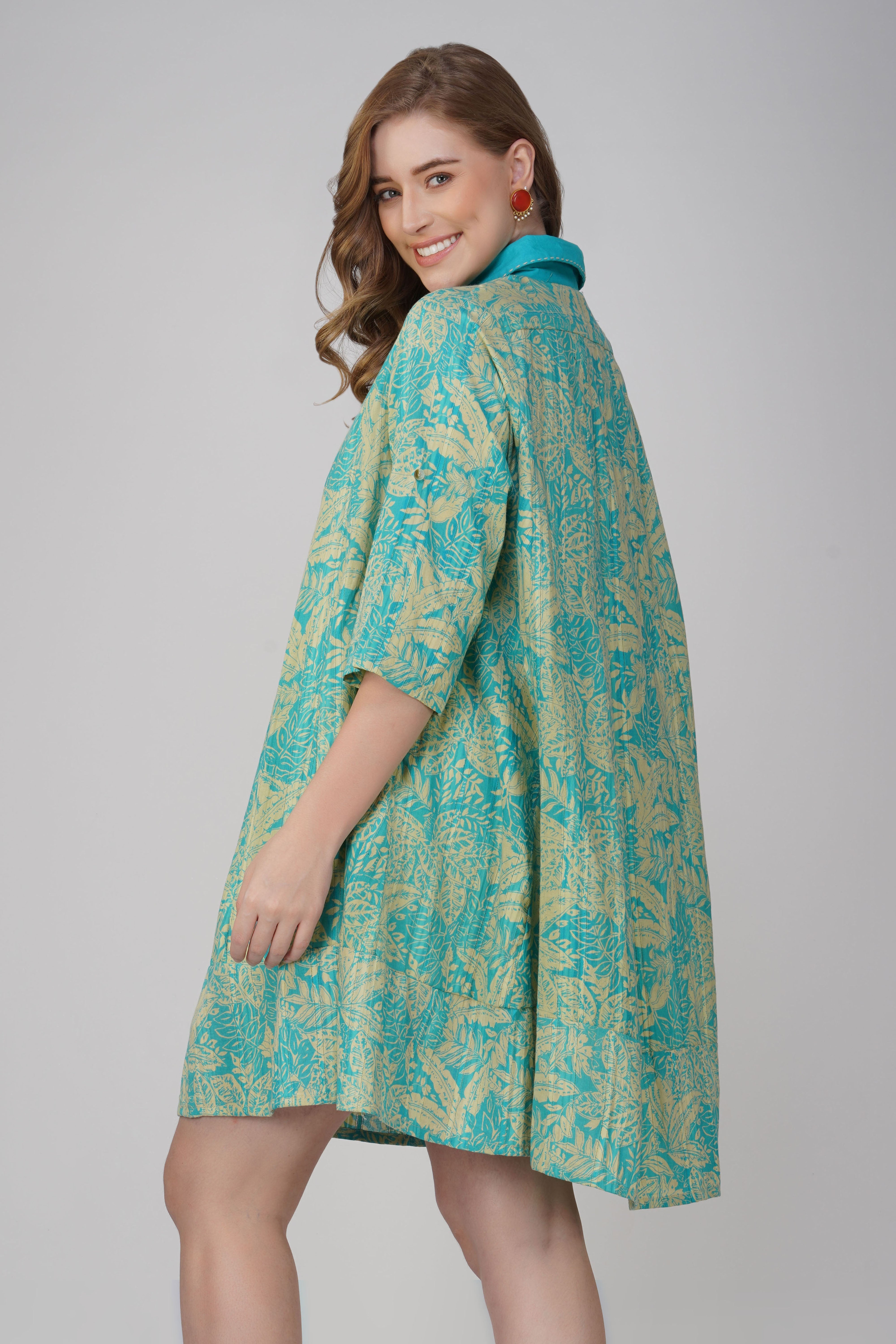 Women’s aqua floral cotton shirt dress with hand block print design