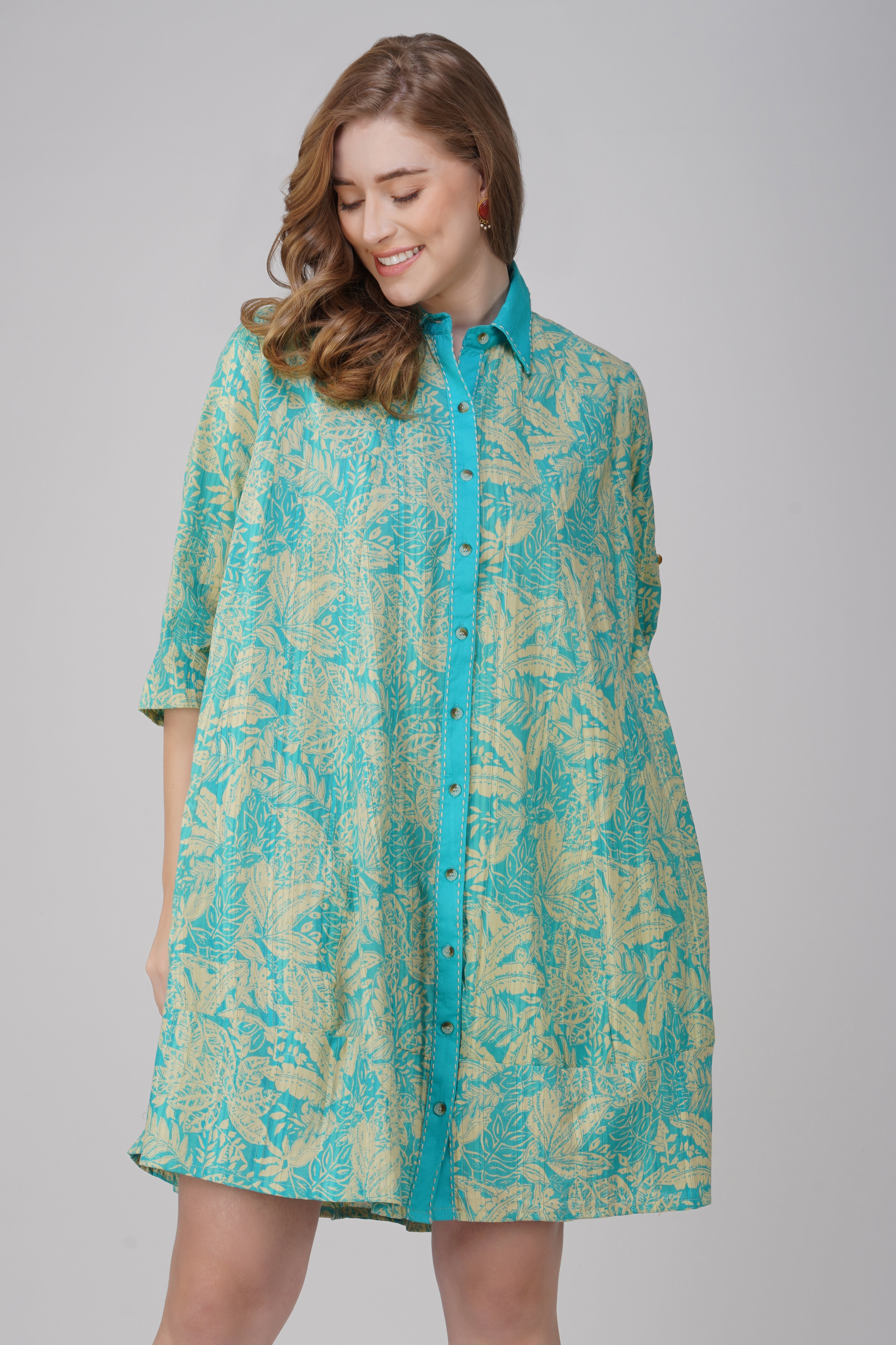 Aqua floral shirt dress in lightweight hand block printed cotton