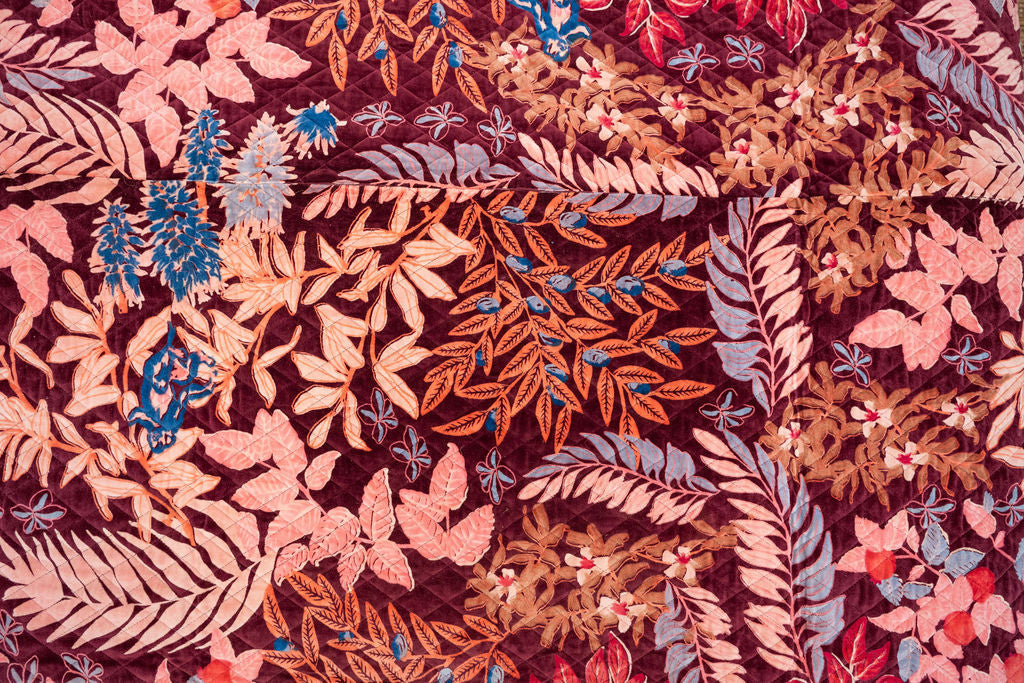 Luxury rust and wine embroidered velvet quilt by Craftluxe