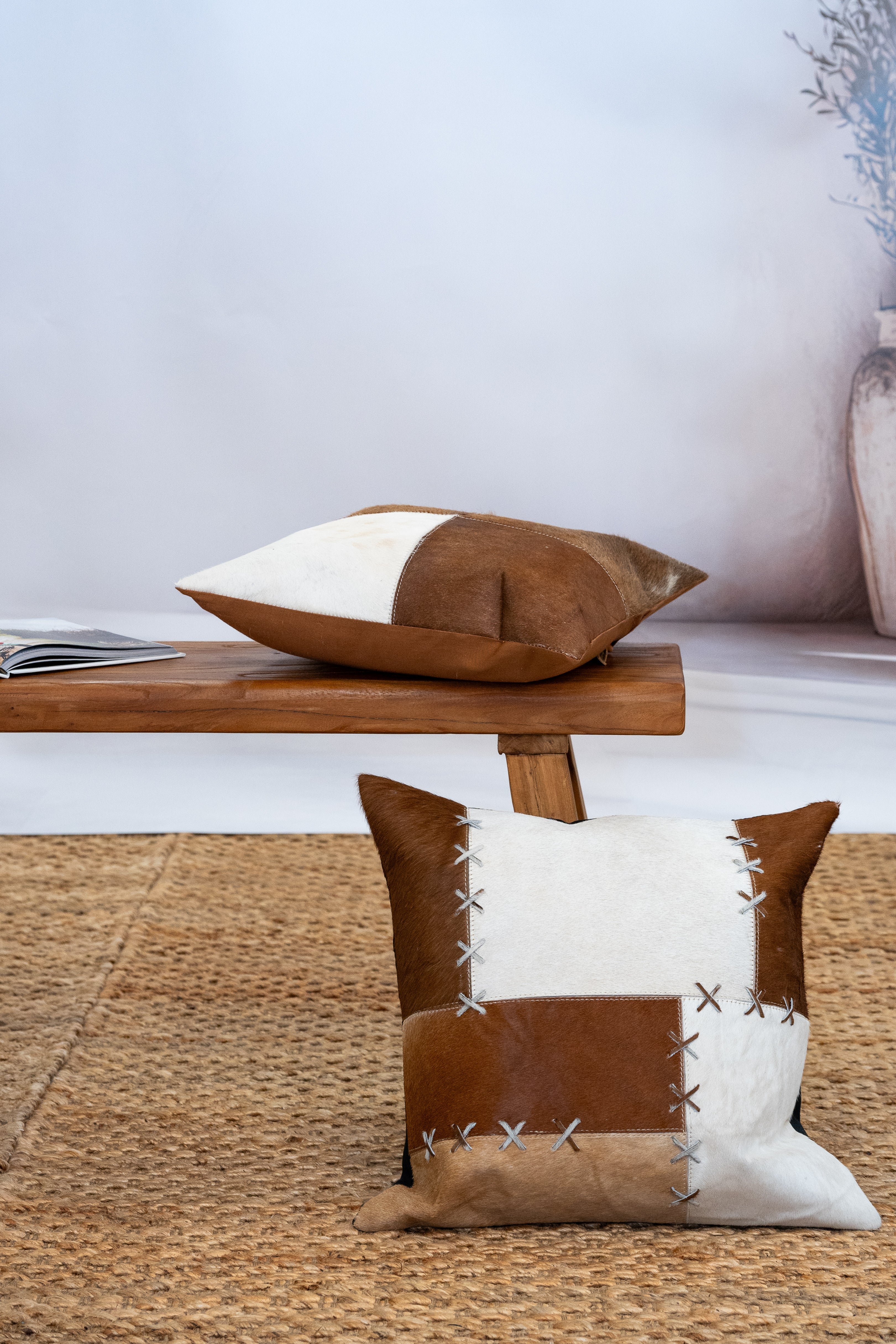 Rustic patchwork cowhide pillow for sofa and armchair