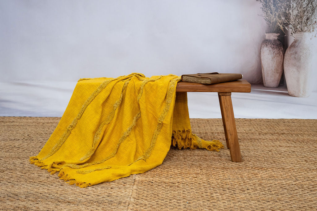 Textured golden mustard cotton blanket for living room