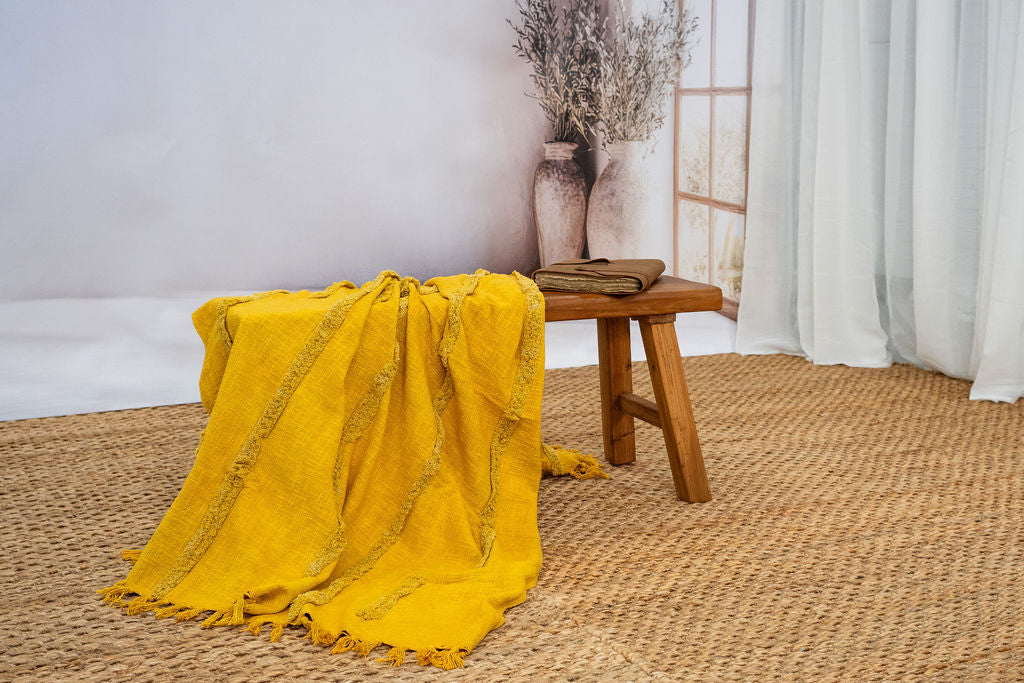 Boho textured mustard cotton throw for sofa