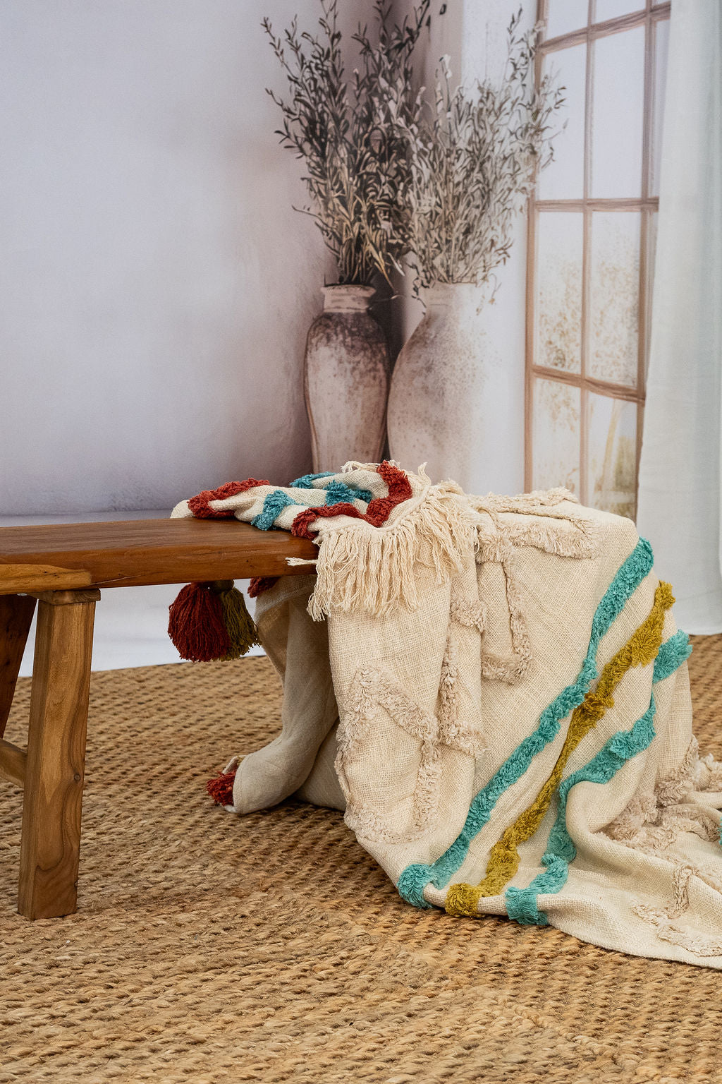 Boho cotton blanket with woven texture and fringe