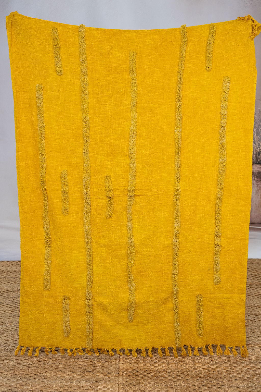 Golden mustard woven cotton blanket for home decor
