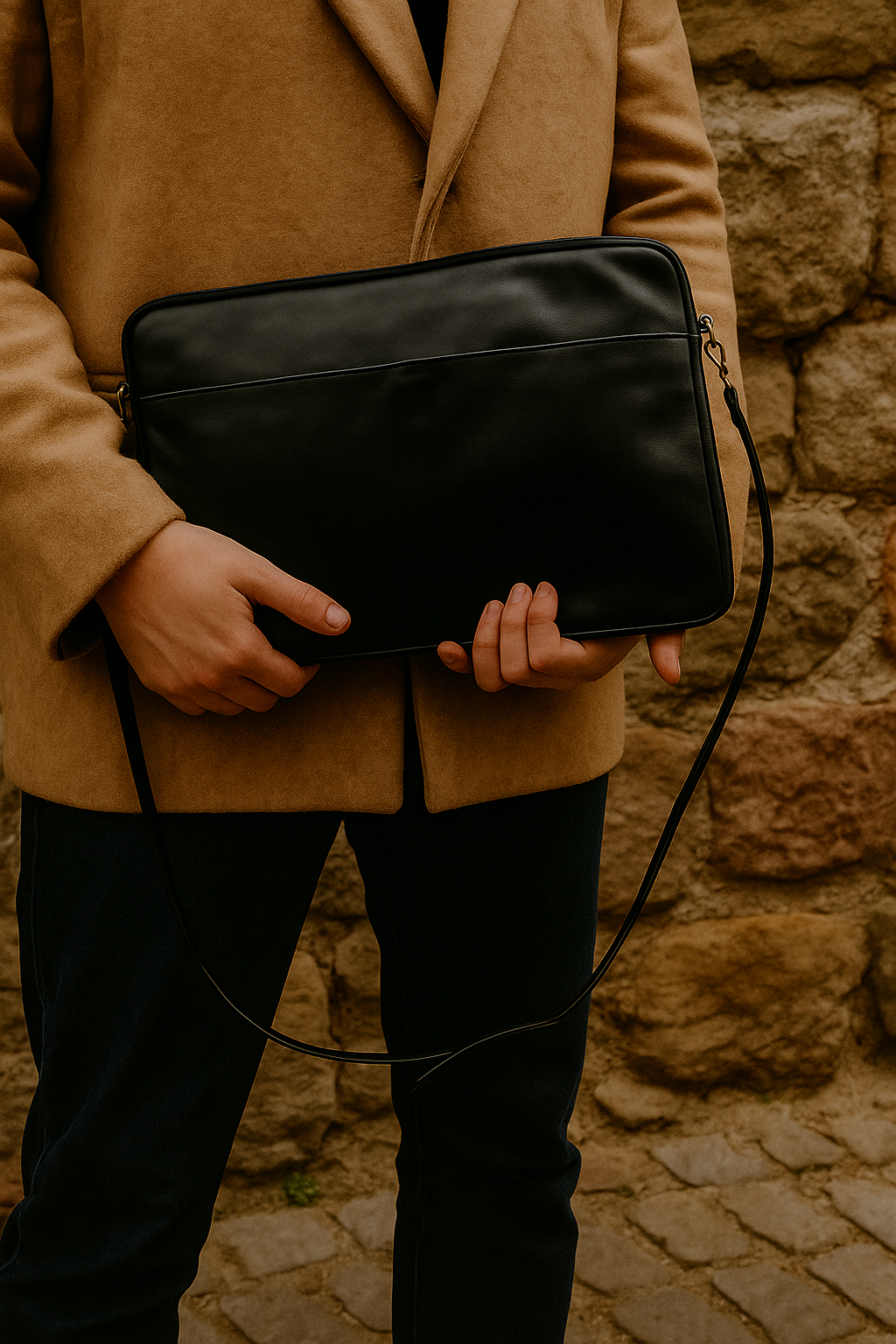 Black leather laptop case with minimalist design