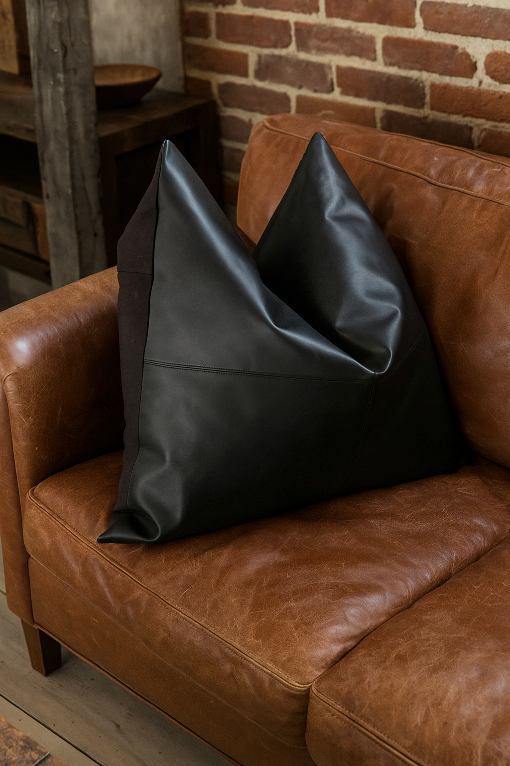 Midnight leather and cotton cushion with bold design