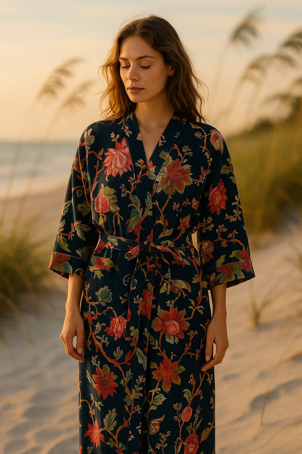 Navy floral cotton waffle weave robe for lounging