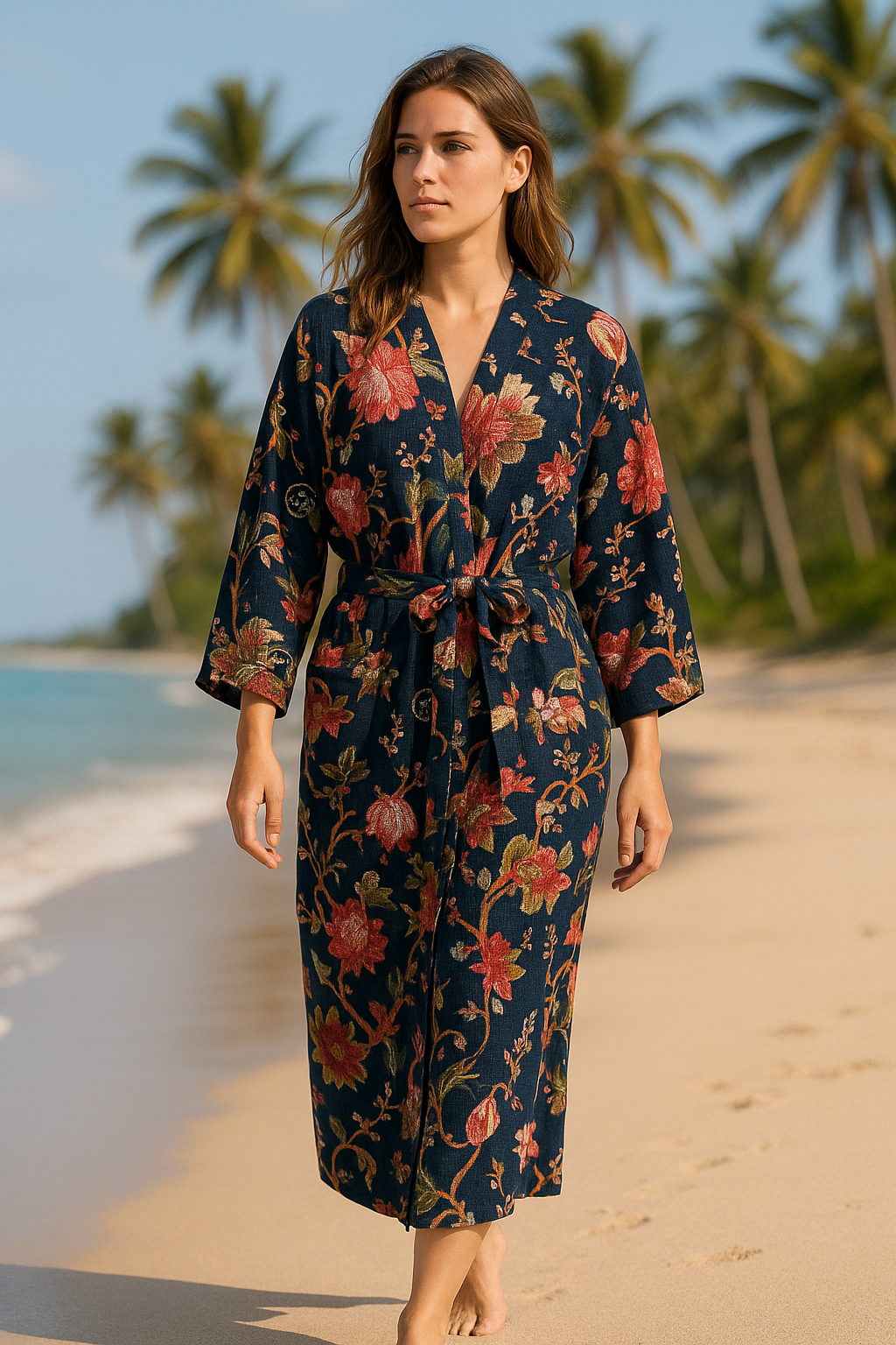Midnight Bloom cotton kimono robe in navy floral print