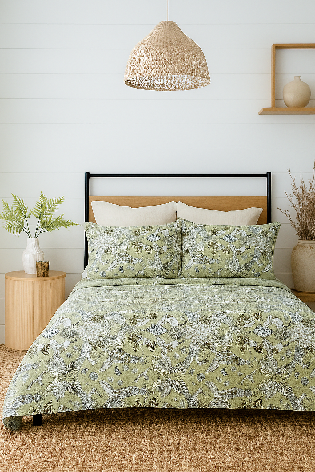 Green botanical print hand screen-printed cotton quilt set