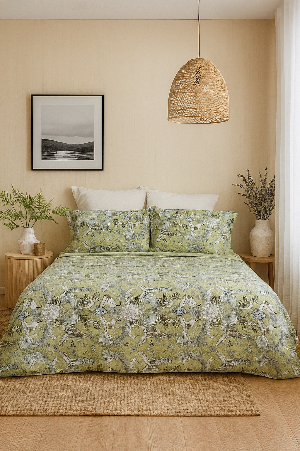 Hand screen-printed green floral cotton quilt set for bedroom