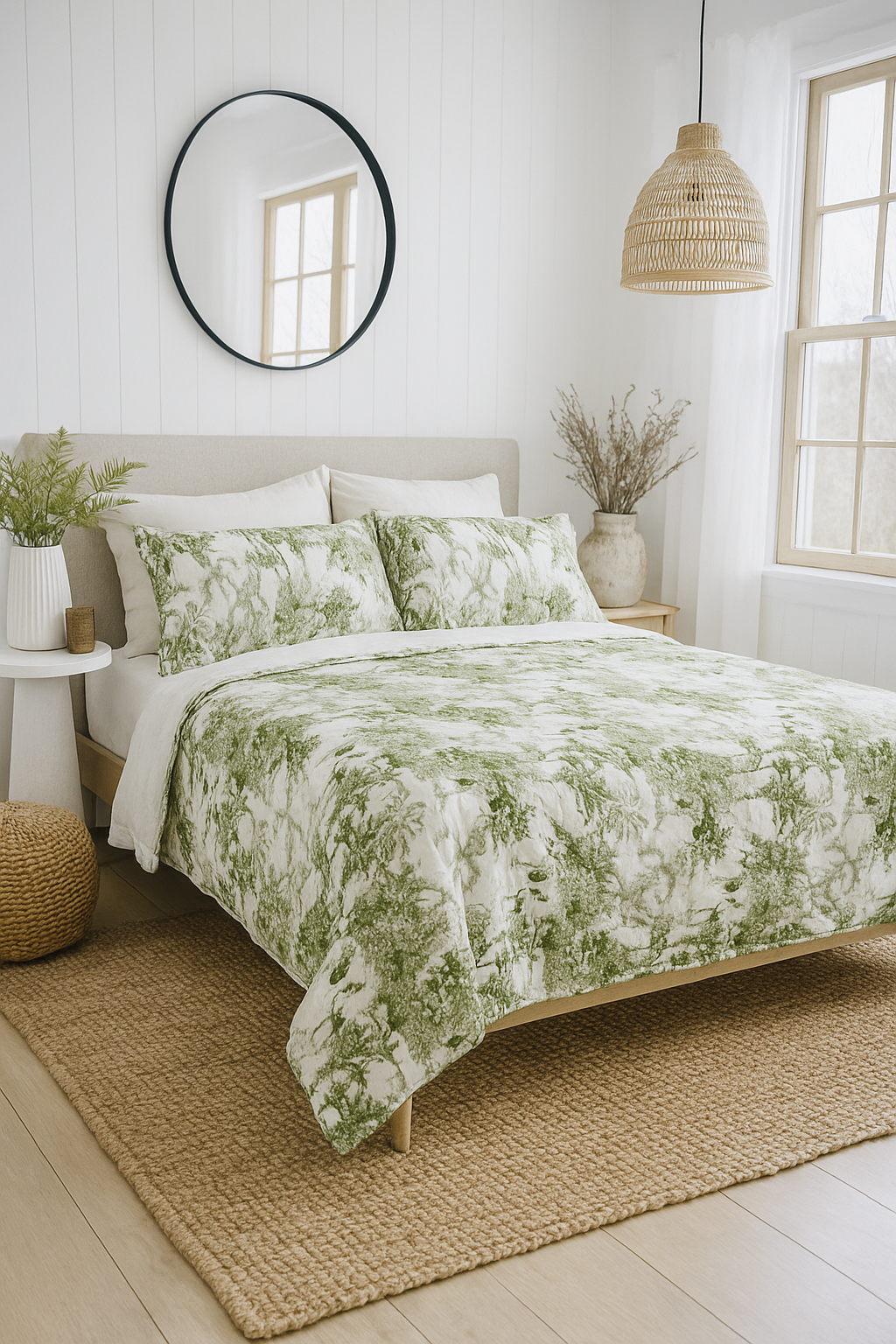 Green toile botanical reversible cotton quilt set by craftluxe