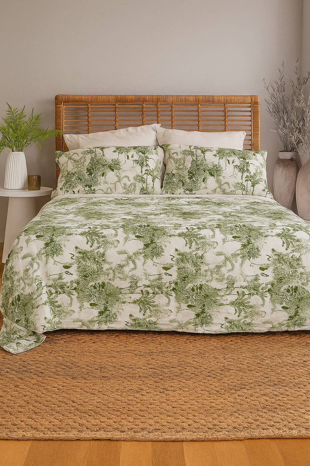 Green botanical toile cotton quilt for Queen and King size beds