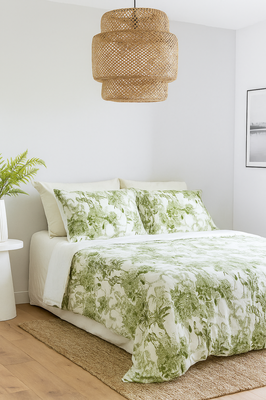Reversible green toile floral quilt set for bedroom