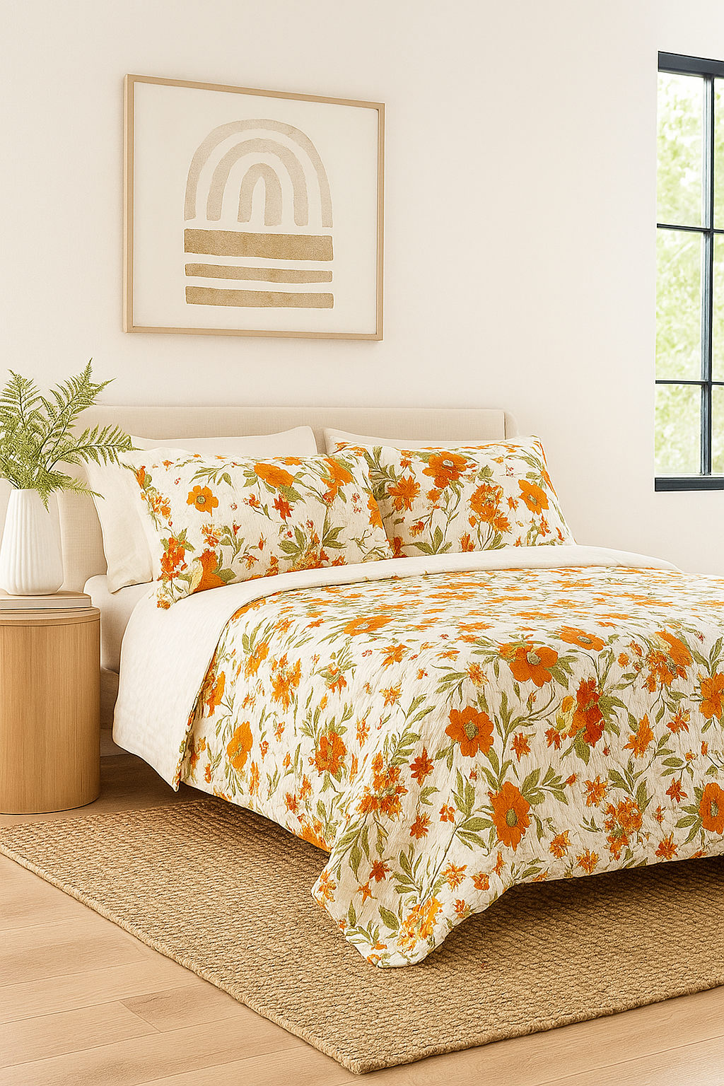 Green botanical garden handprinted cotton quilt set king size