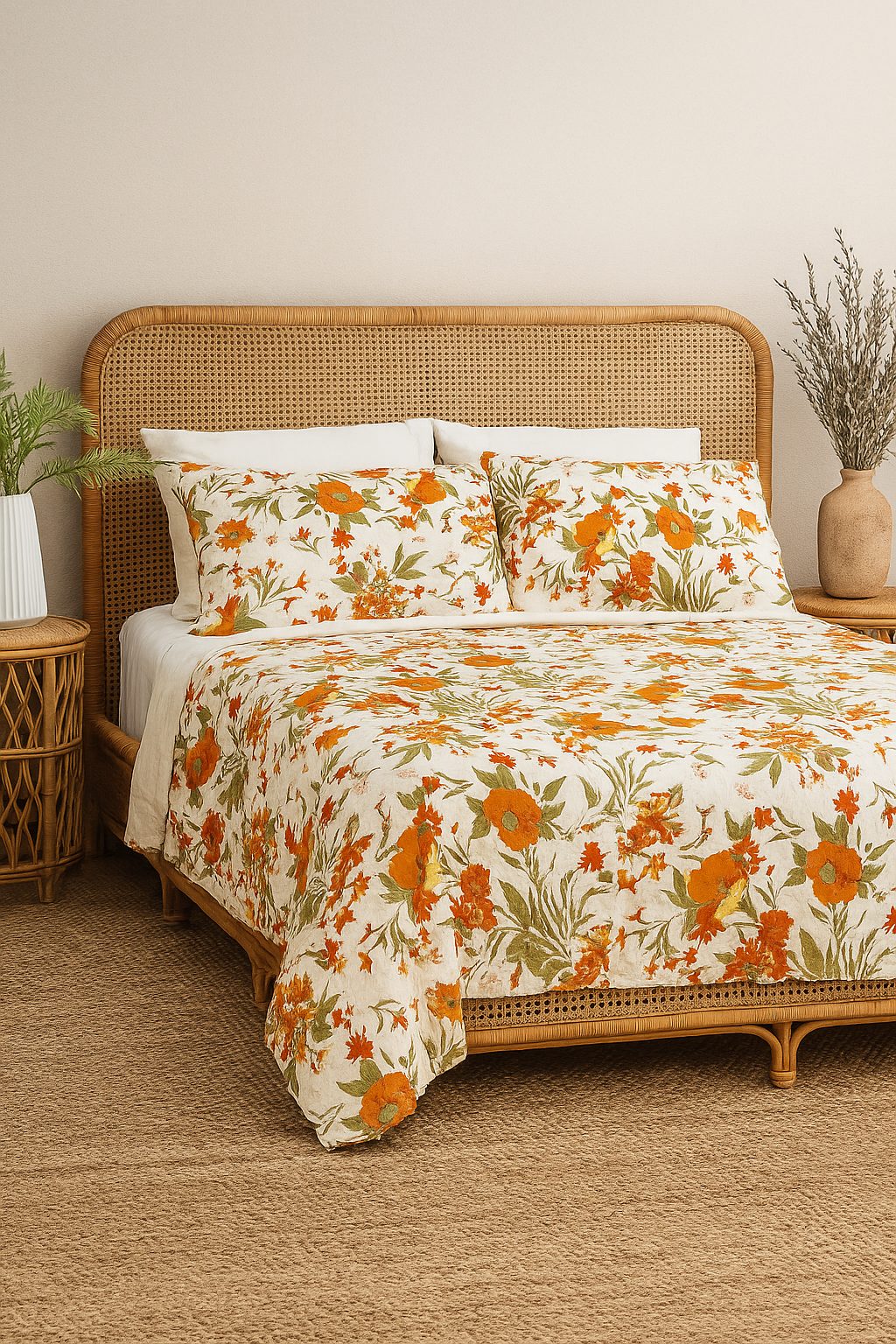 Handprinted botanical floral cotton quilt in green for king size bed