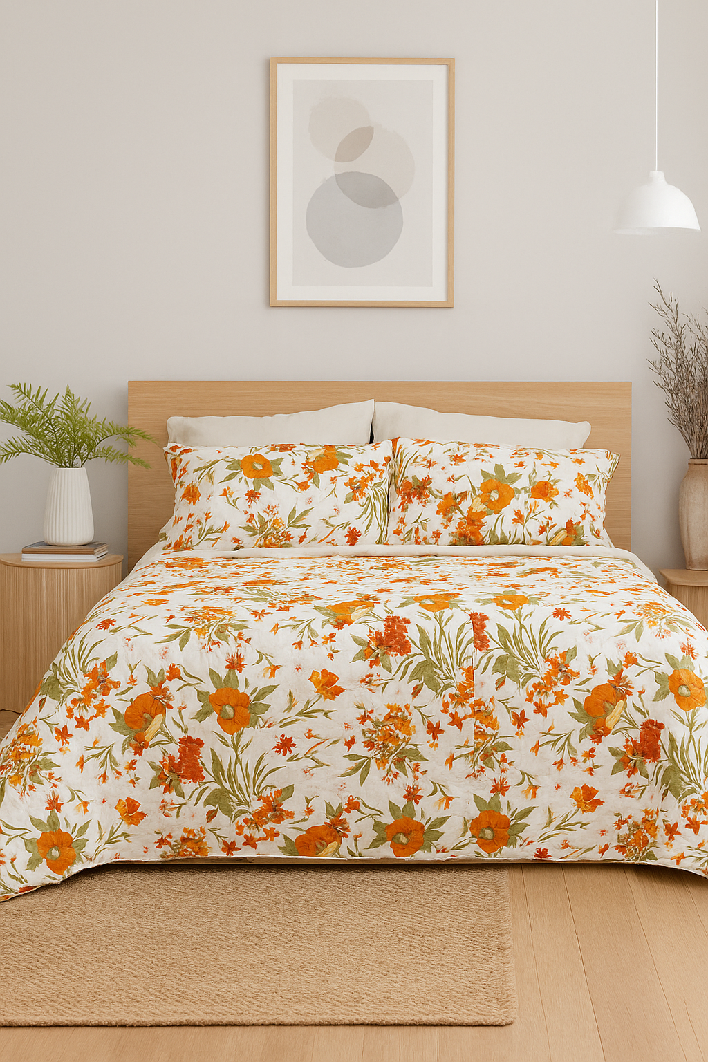 Green floral handblock print cotton quilt set for king size bedroom