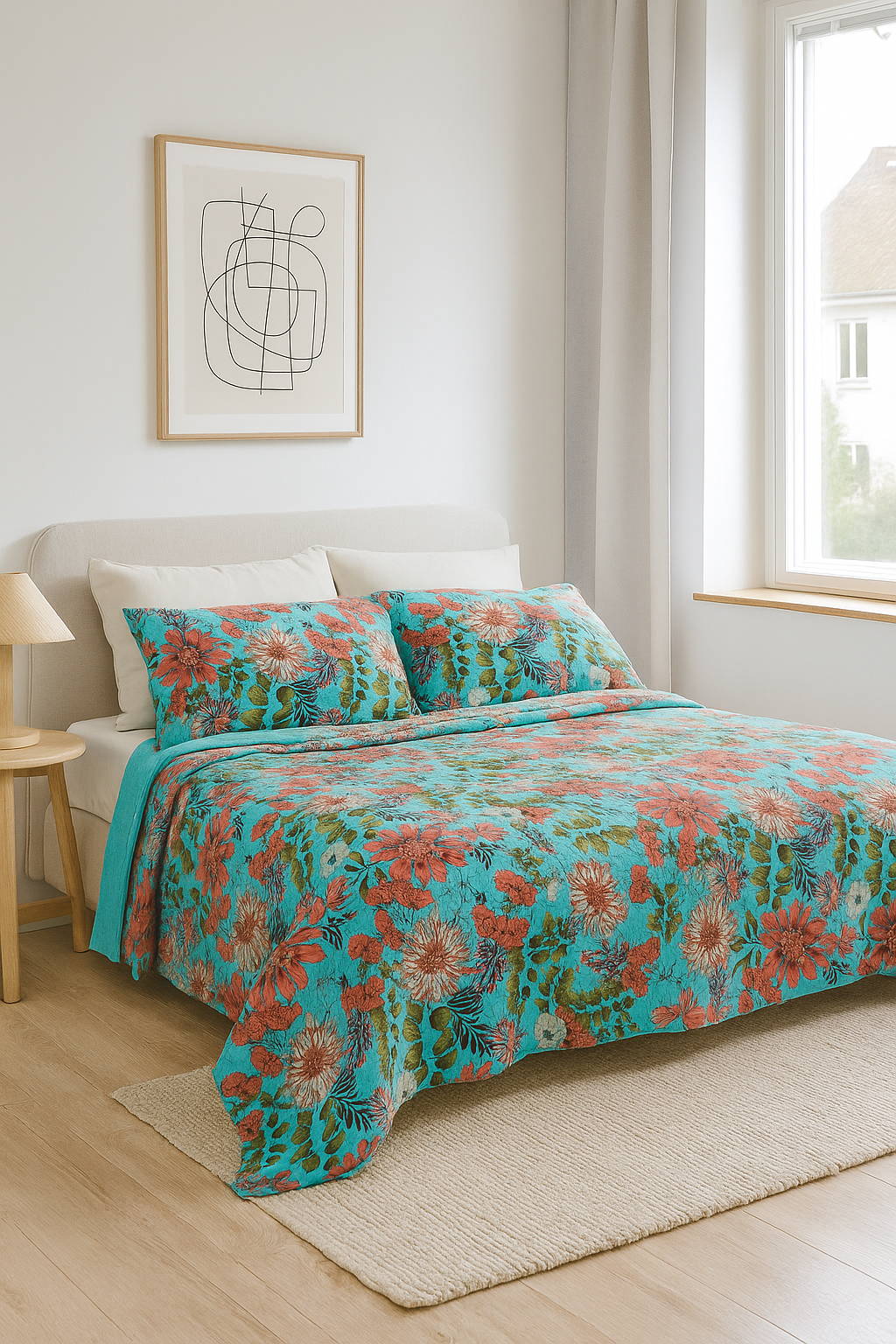 Turquoise Bloom Hand-Quilted Cotton Bedspread Set King Size