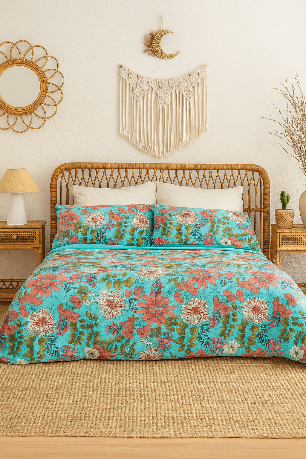 Turquoise Bloom Cotton Quilt Bedspread for Bedroom Decor