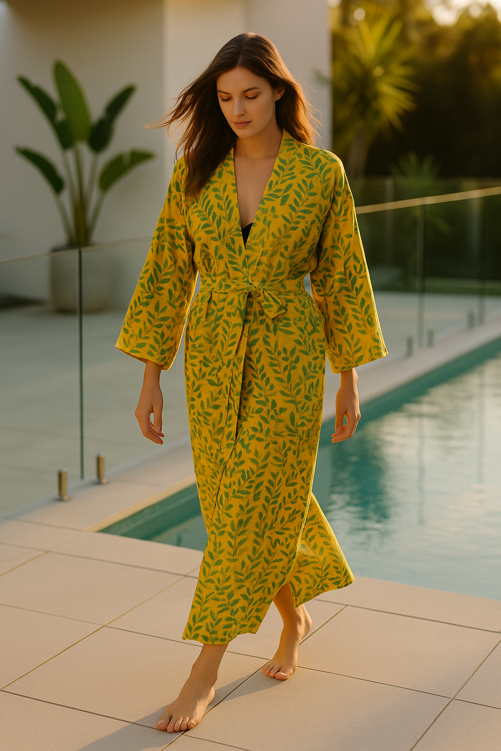 Craftluxe Yellow Leaf Waffle Cotton Robe for Loungewear
