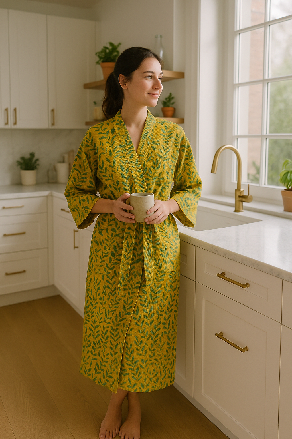 Botanical Yellow Waffle Cotton Kimono Robe by Craftluxe