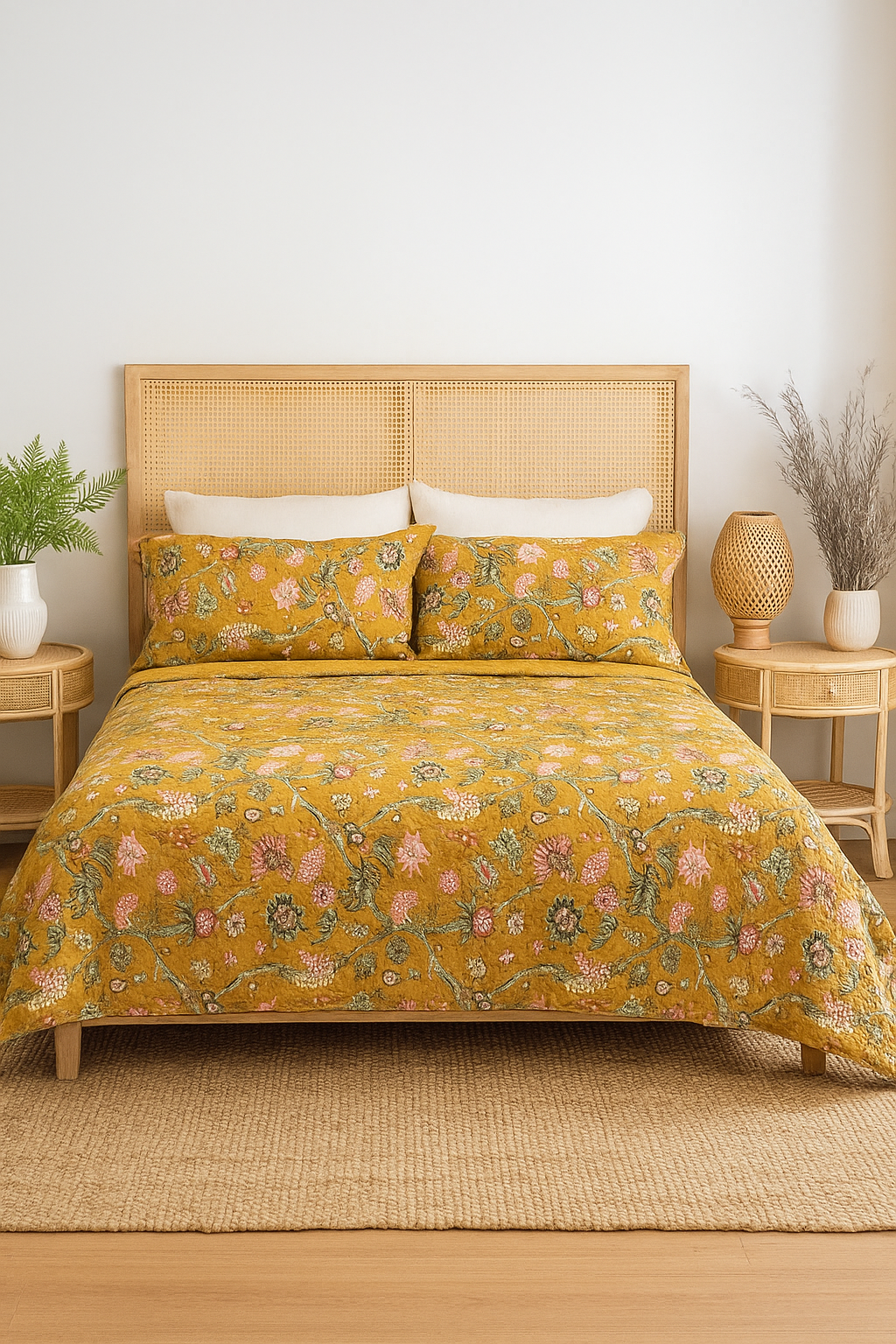 Vintage Floral Quilt in Warm Mustard Tones for Bedroom
