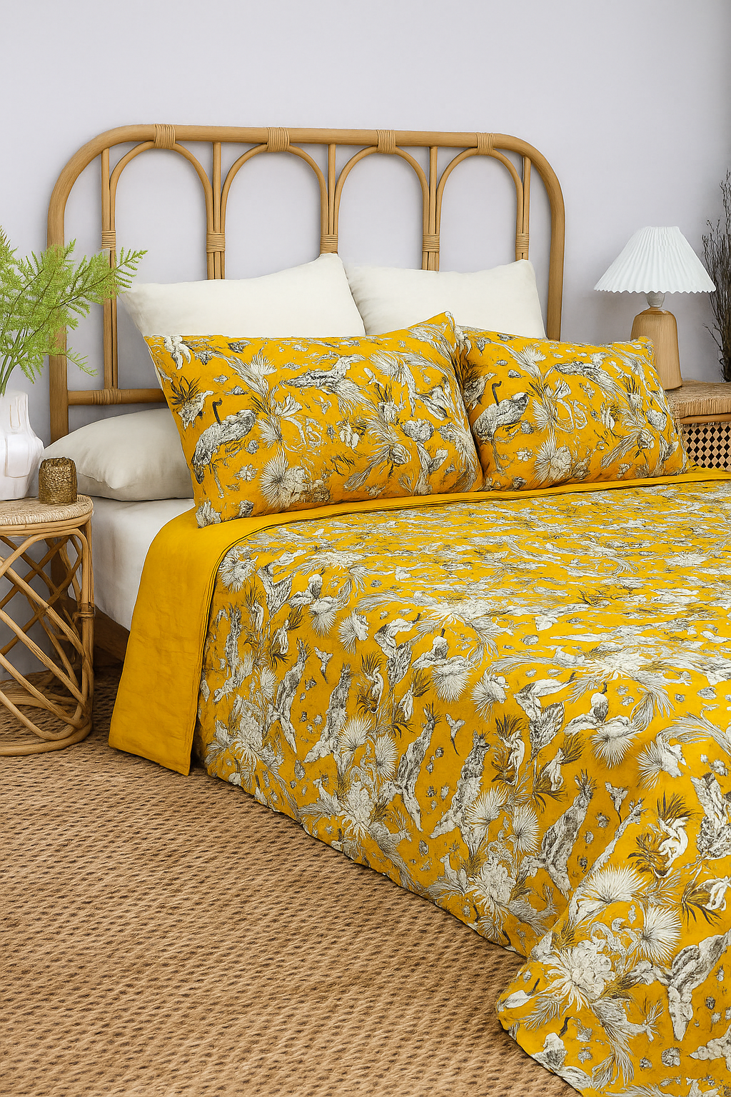 Golden Bloom Floral Bird Cotton Quilt for Bedroom Decor