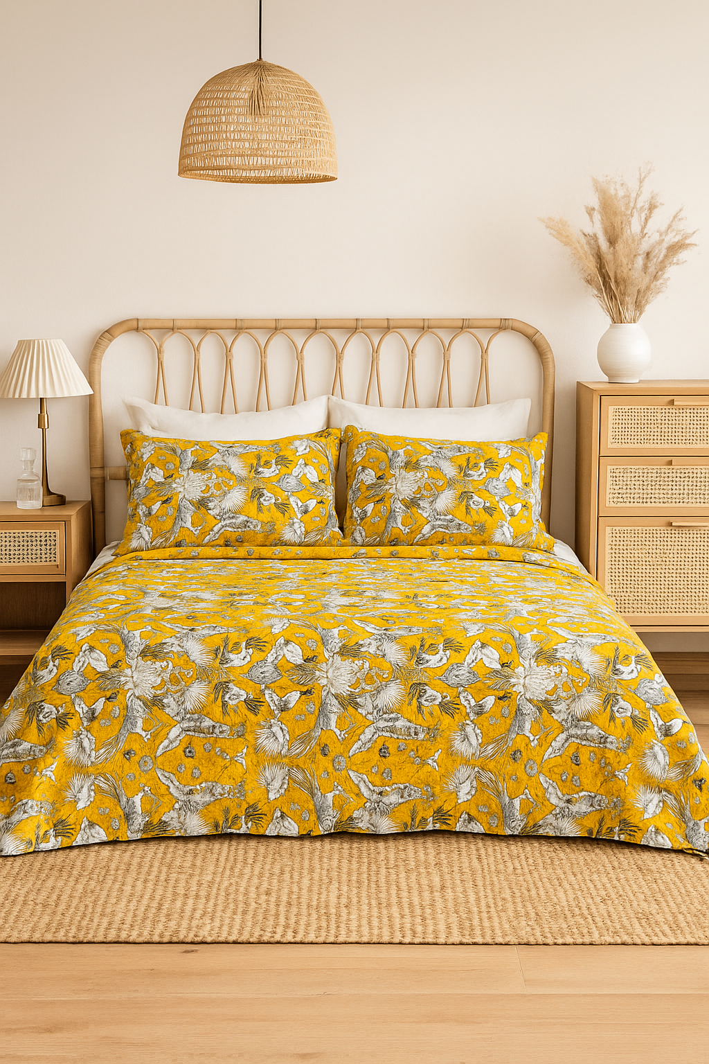 Nature Inspired Bird Print Cotton Quilt Set in Golden Tones