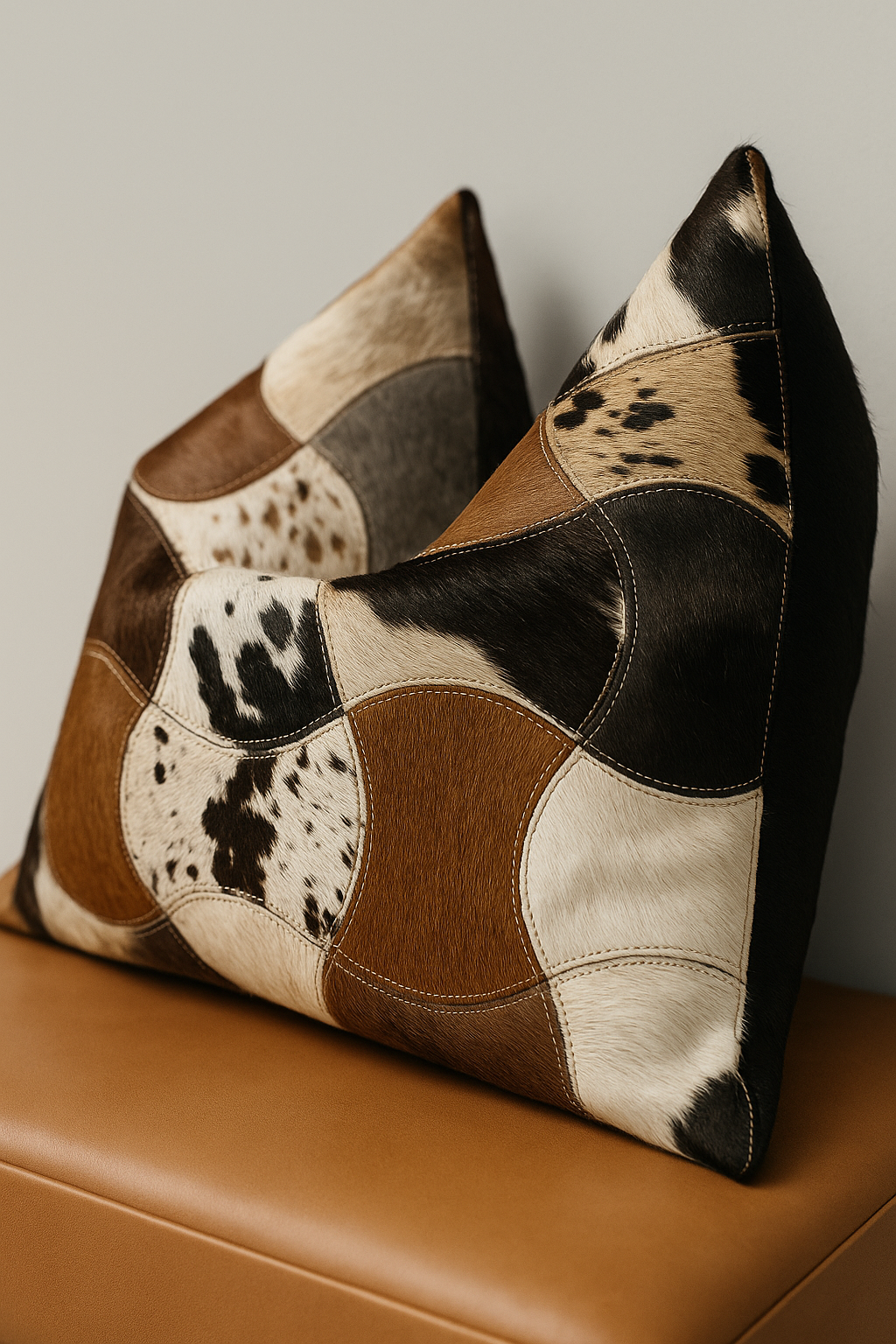 Luxury Exotic Cowhide Leather Cushion Cover with Patchwork Design