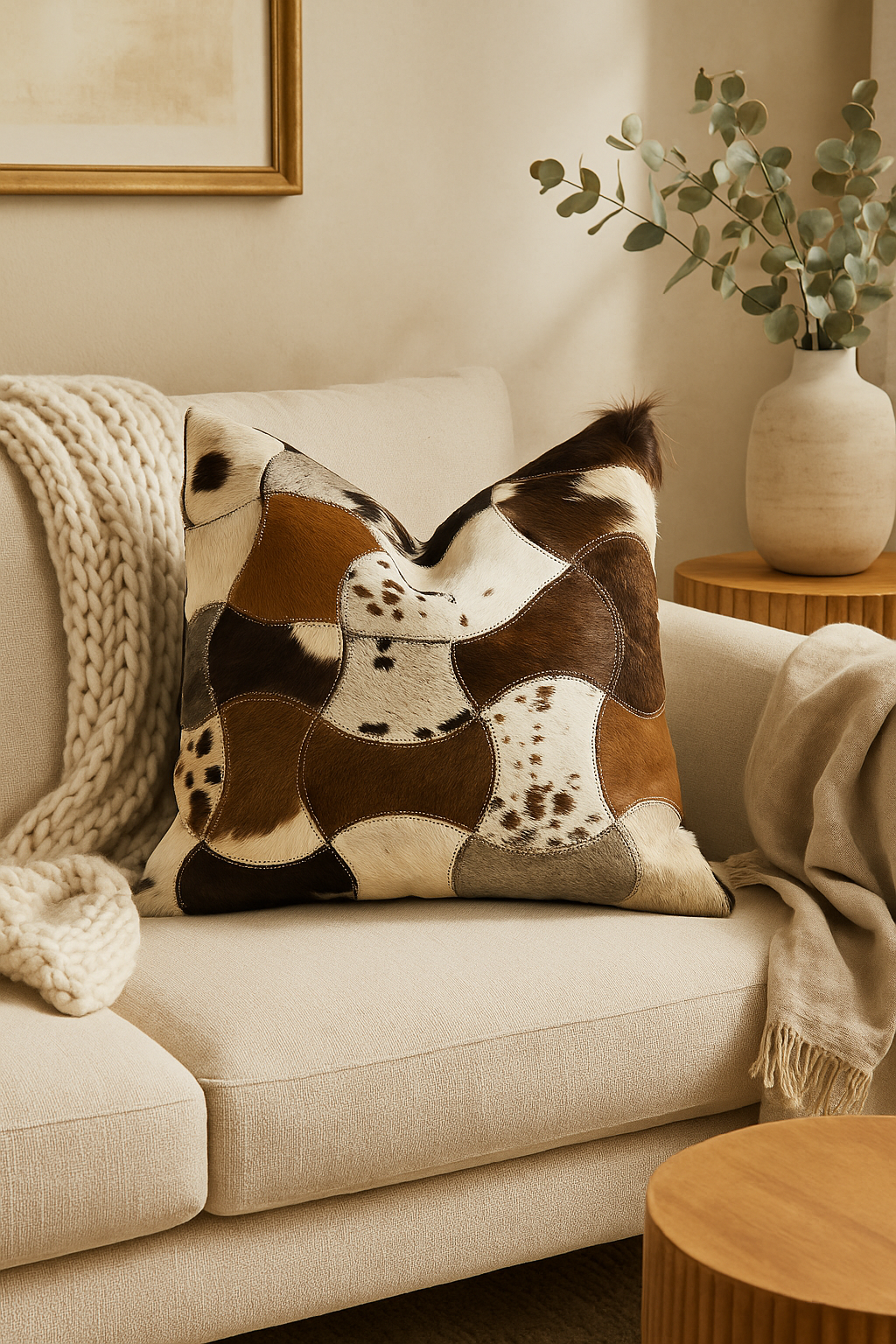 Exotic Cowhide Patchwork Leather Cushion Cover by Craftluxe