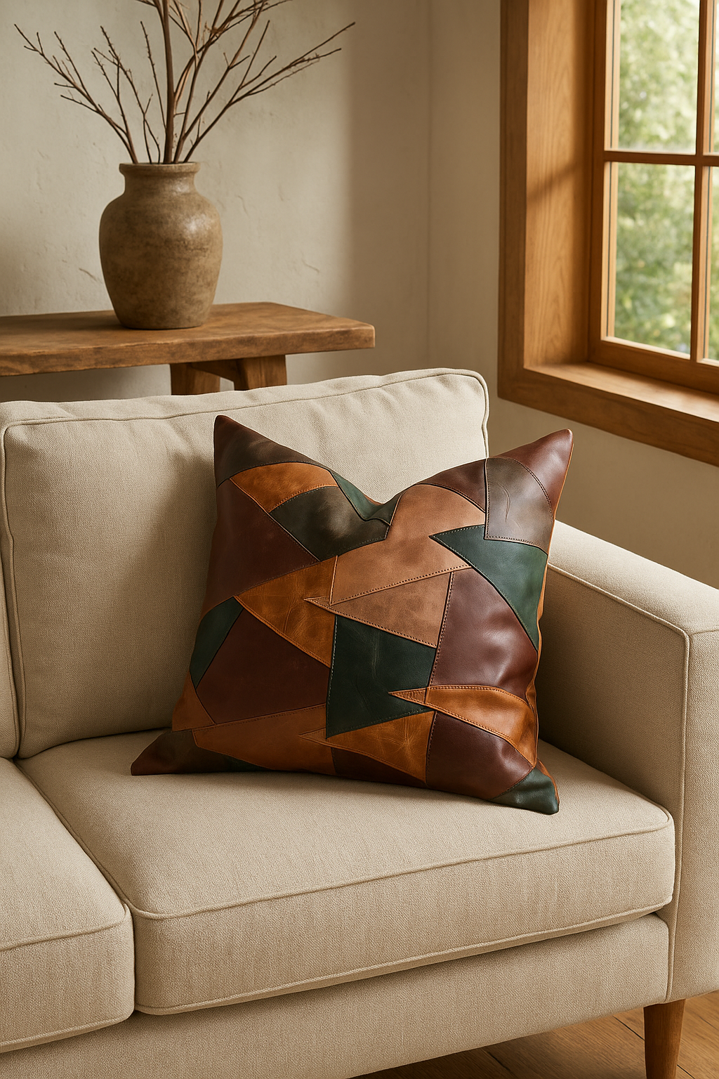 Modern Leather Cushion Cover with Rustic Patchwork Design