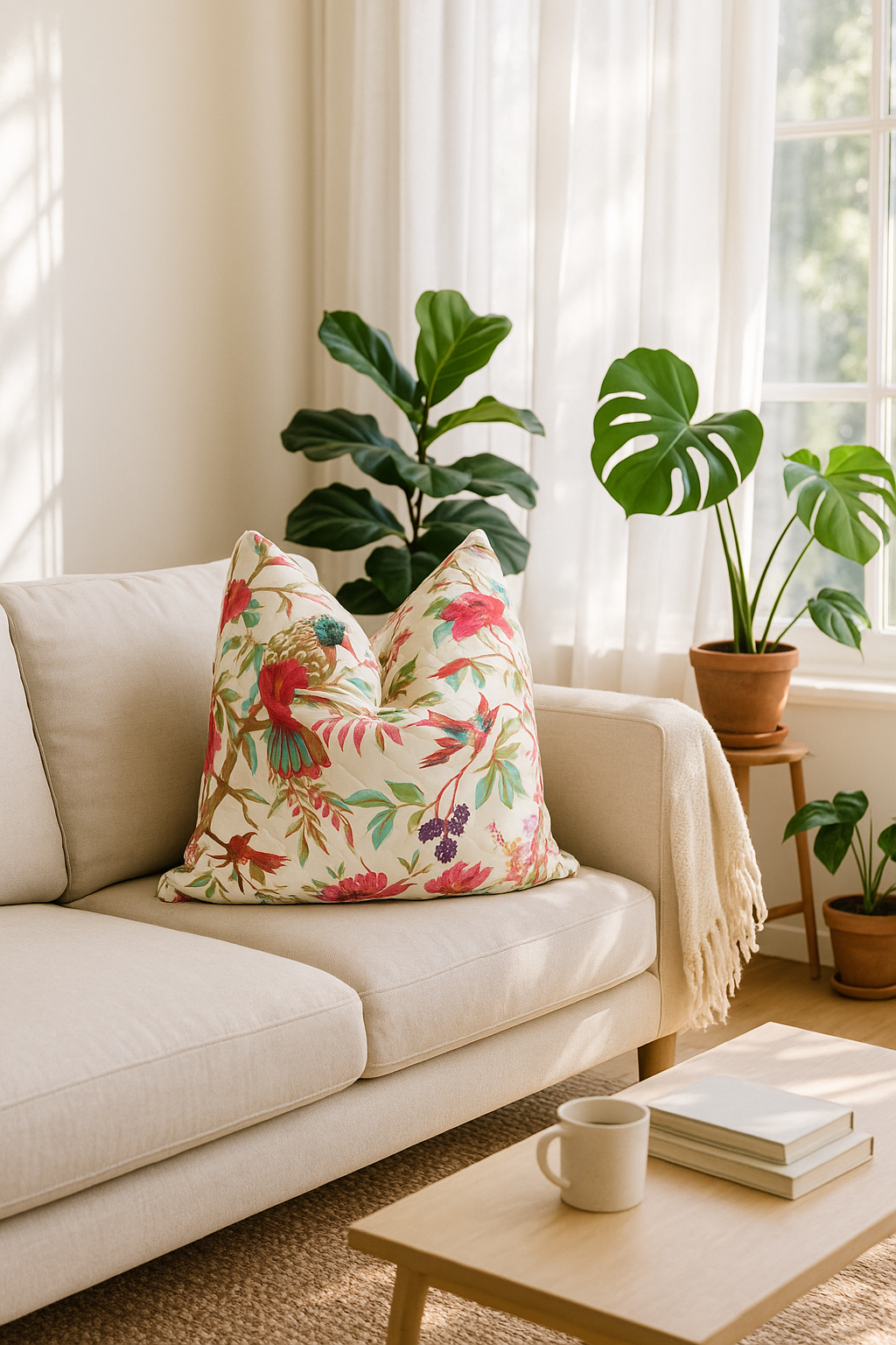 Handmade cotton cushion cover with Songbird Sanctuary design