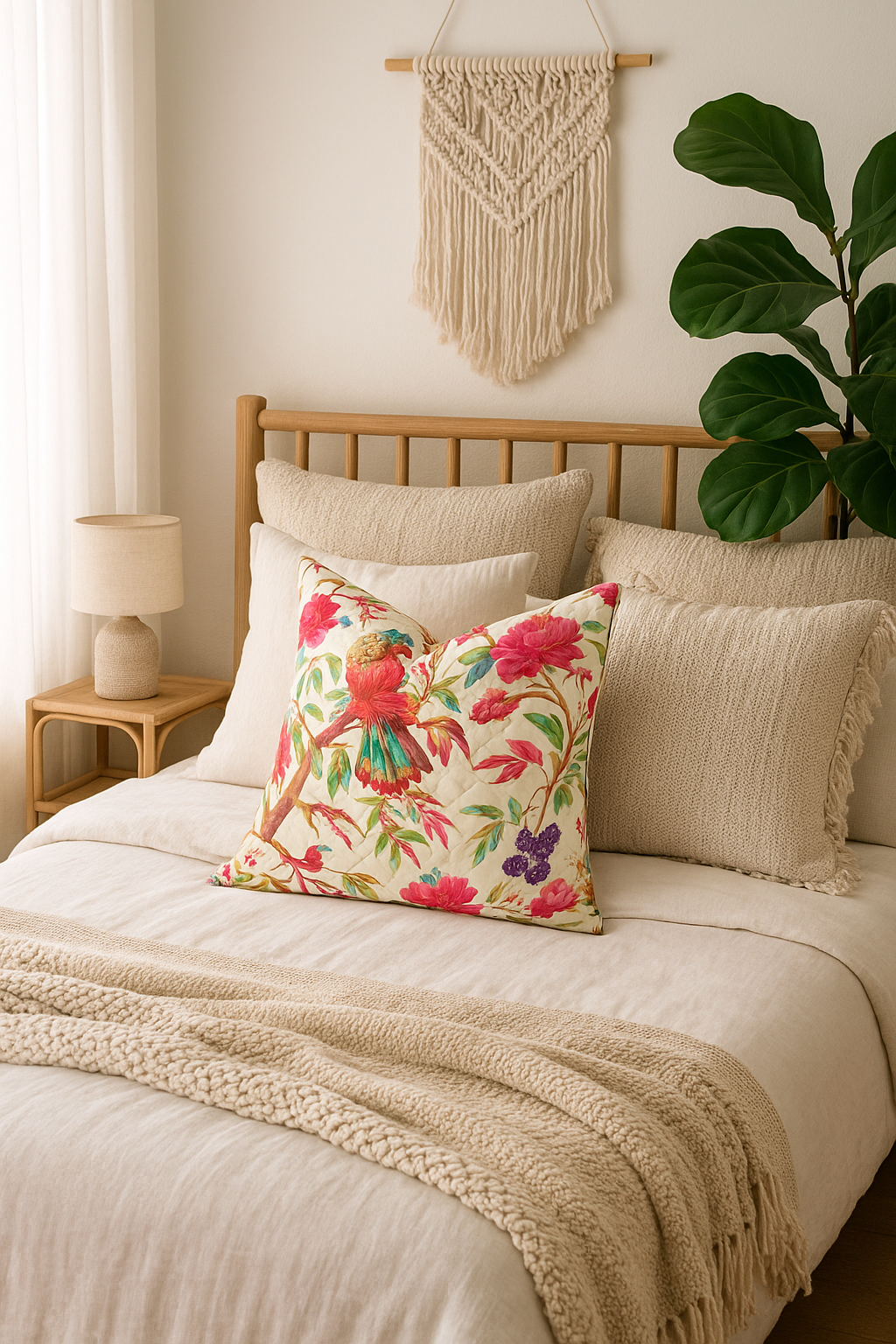 Songbird Sanctuary nature-inspired cotton cushion cover for home decor