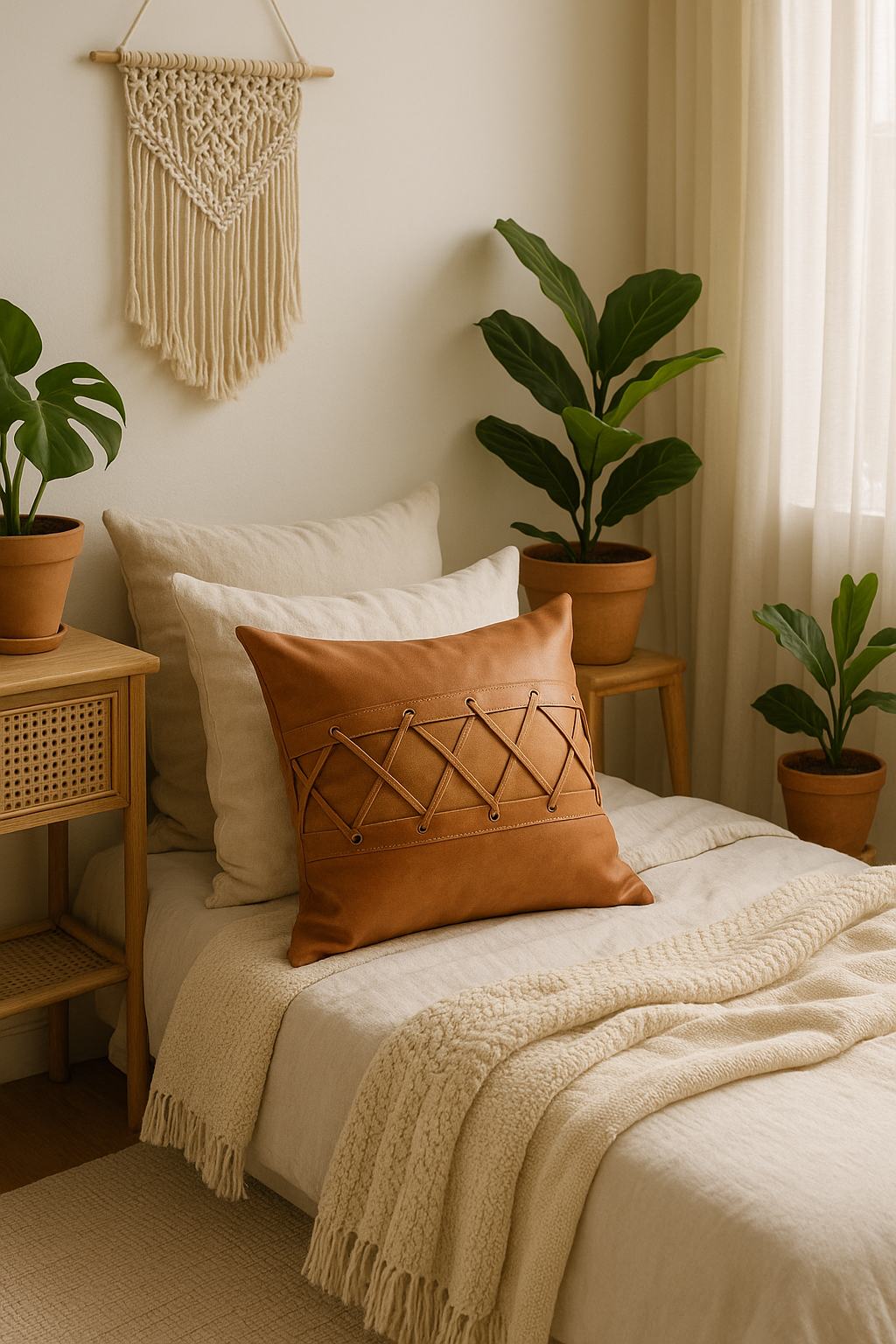 Tan leather decorative cushion for rustic interiors