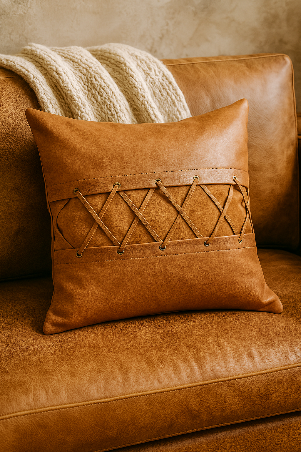 Handcrafted tan leather accent pillow for sofa
